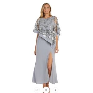 R & M Richards One Piece Sequin Lace Poncho over Sheath Dress - Silver - Size 18